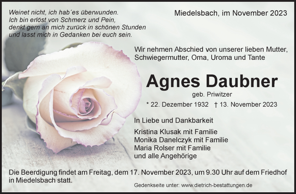  Traueranzeige für Agnes Daubner vom 15.11.2023 aus Waiblinger Kreiszeitung