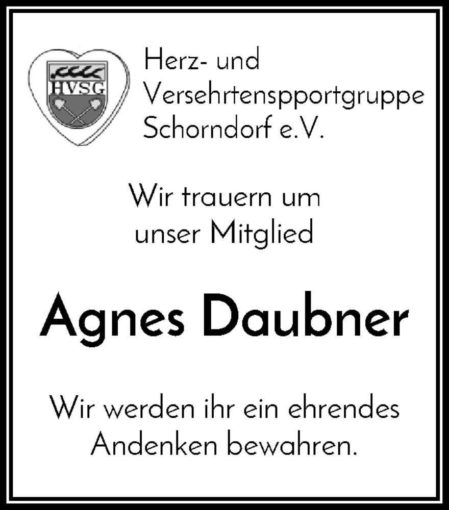  Traueranzeige für Agnes Daubner vom 16.11.2023 aus Waiblinger Kreiszeitung