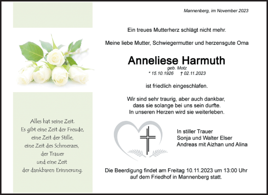 Traueranzeige von Anneliese Harmuth von Waiblinger Kreiszeitung