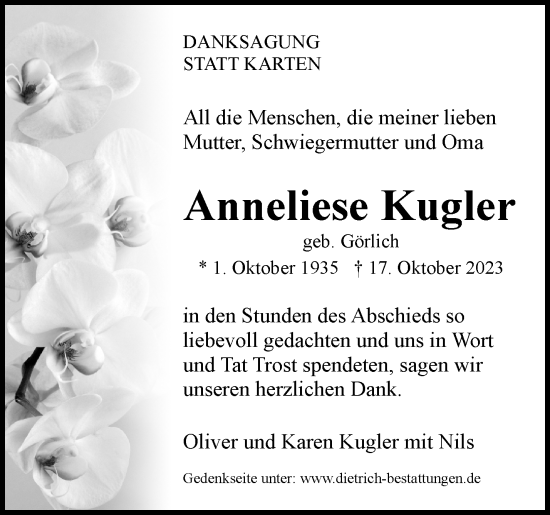 Traueranzeige von Anneliese Kugler von Waiblinger Kreiszeitung
