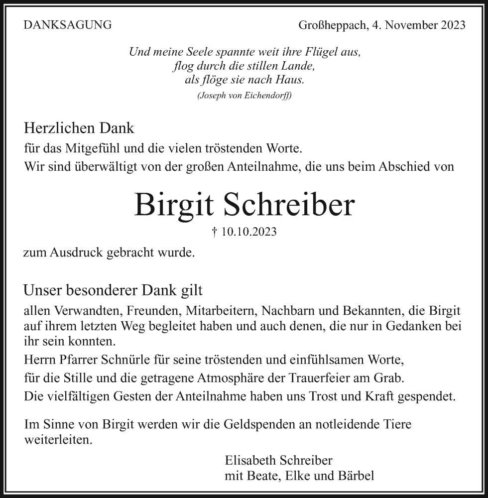  Traueranzeige für Birgit Schreiber vom 04.11.2023 aus Waiblinger Kreiszeitung