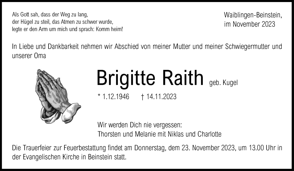  Traueranzeige für Brigitte Raith vom 20.11.2023 aus Waiblinger Kreiszeitung