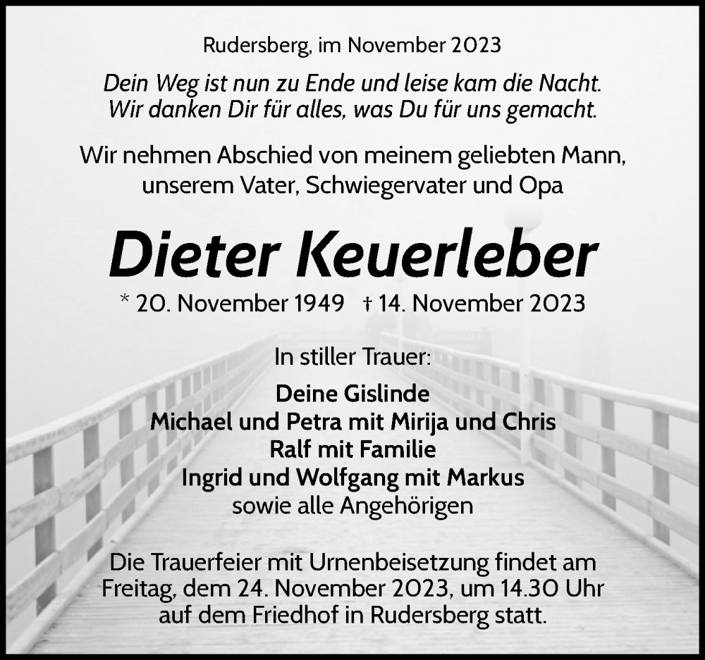  Traueranzeige für Dieter Keuerleber vom 20.11.2023 aus Waiblinger Kreiszeitung