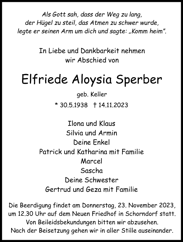  Traueranzeige für Elfriede Aloysia Sperber vom 18.11.2023 aus Waiblinger Kreiszeitung