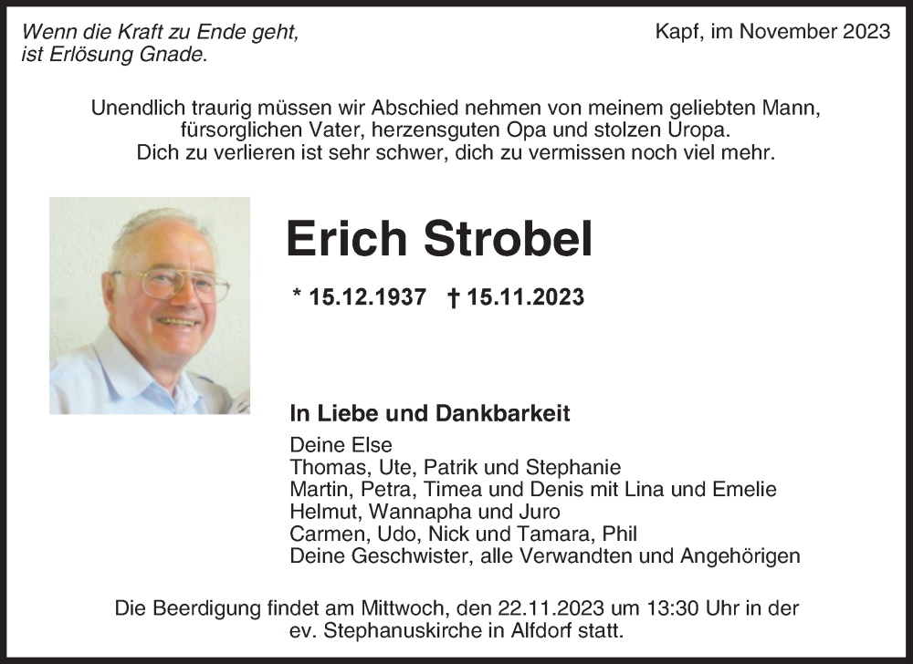  Traueranzeige für Erich Strobel vom 20.11.2023 aus Waiblinger Kreiszeitung
