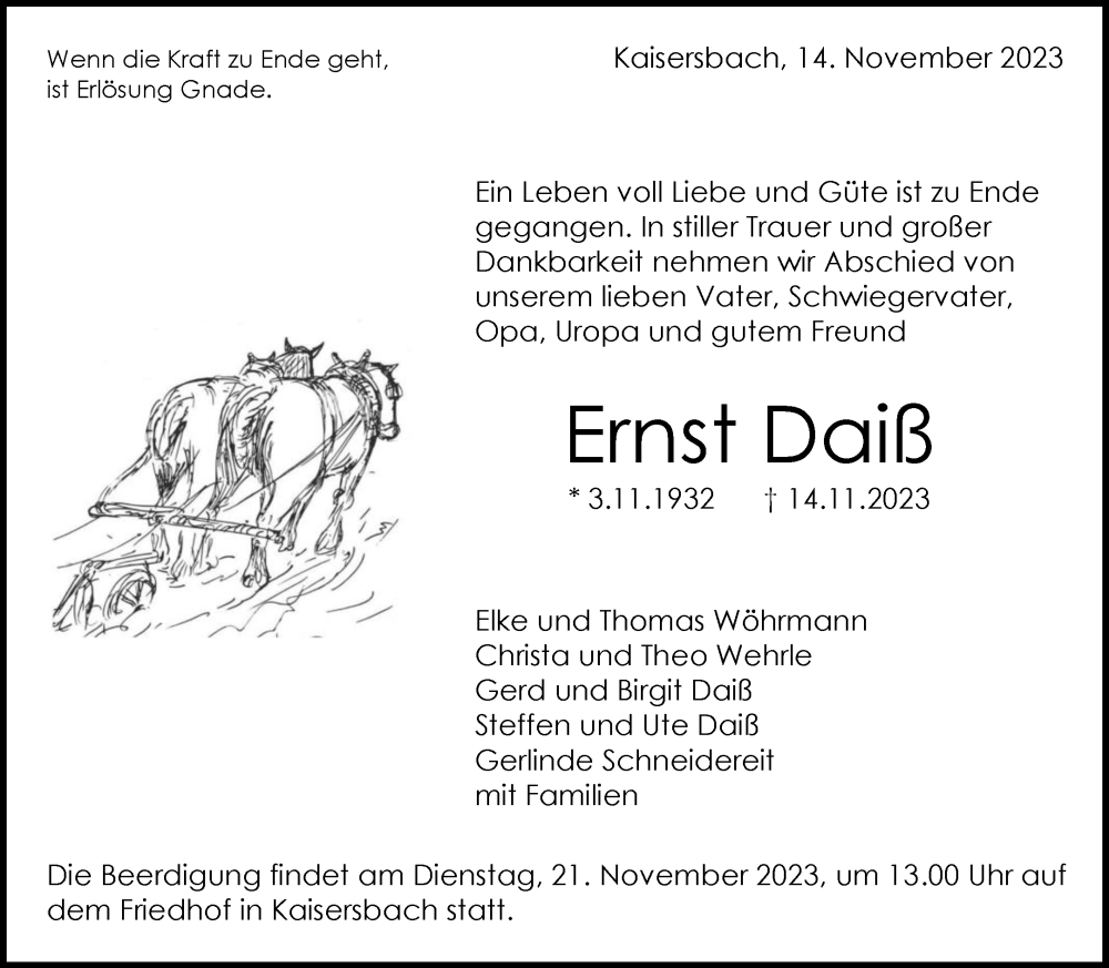  Traueranzeige für Ernst Daiß vom 17.11.2023 aus Waiblinger Kreiszeitung