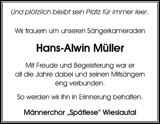Traueranzeige von Hans-Alwin Müller von Waiblinger Kreiszeitung