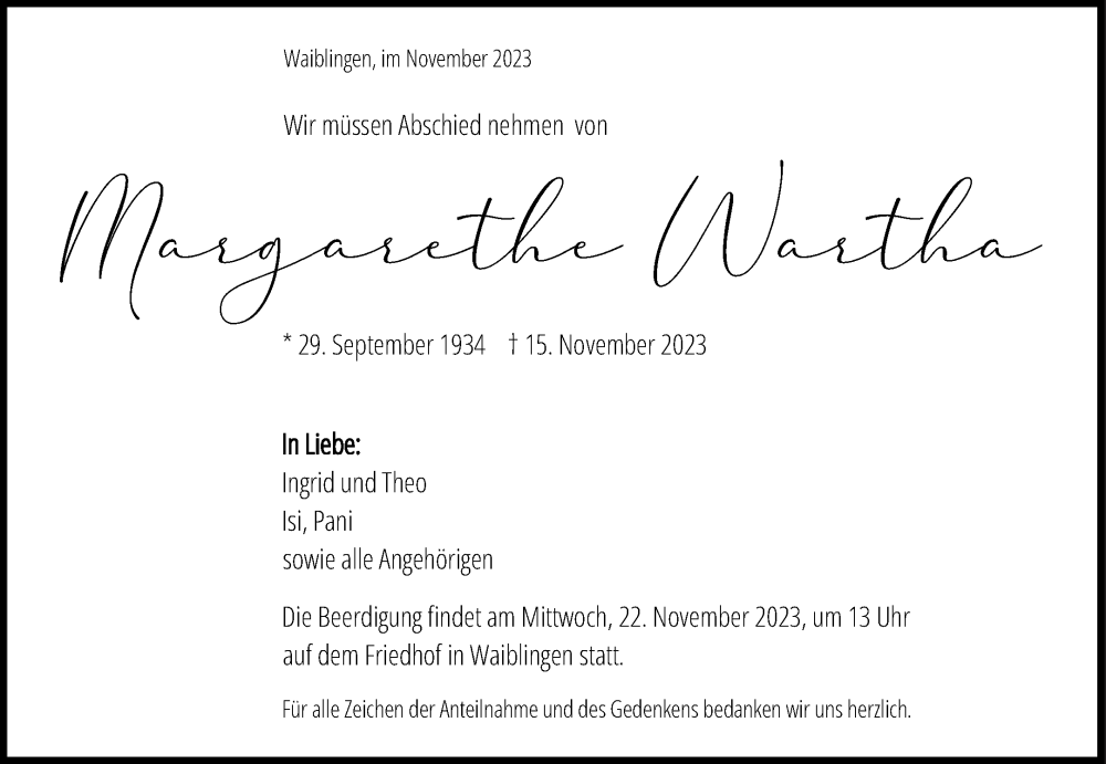  Traueranzeige für Margarethe Wartha vom 20.11.2023 aus Waiblinger Kreiszeitung