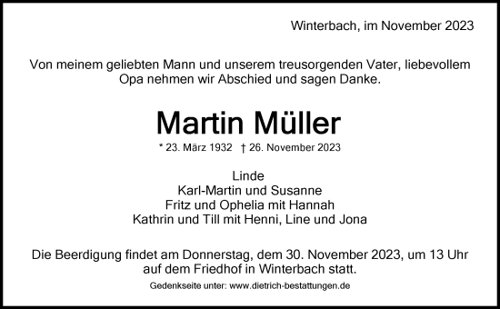 Traueranzeige von Martin Müller von Waiblinger Kreiszeitung