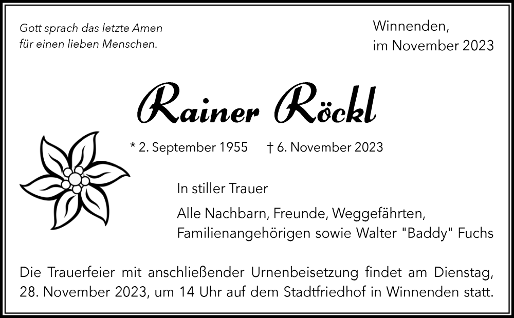  Traueranzeige für Rainer Röckl vom 21.11.2023 aus Waiblinger Kreiszeitung