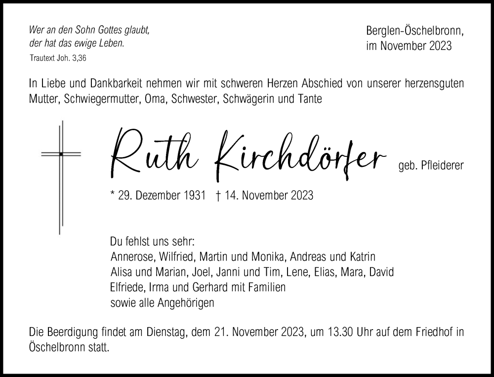  Traueranzeige für Ruth Kirchdörfer vom 18.11.2023 aus Waiblinger Kreiszeitung