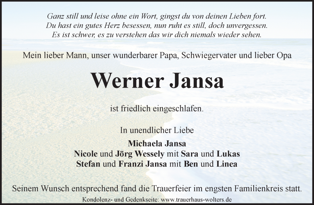  Traueranzeige für Werner Jansa vom 24.11.2023 aus Waiblinger Kreiszeitung