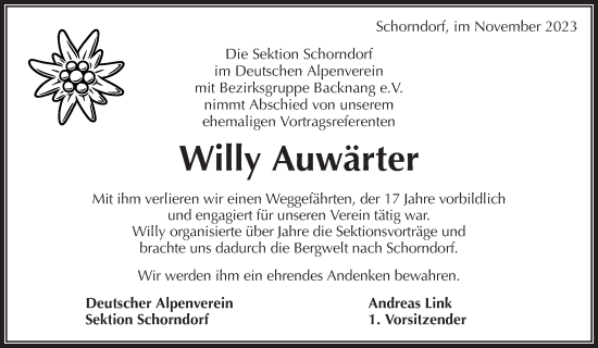 Traueranzeige von Willy Auwärter von Waiblinger Kreiszeitung