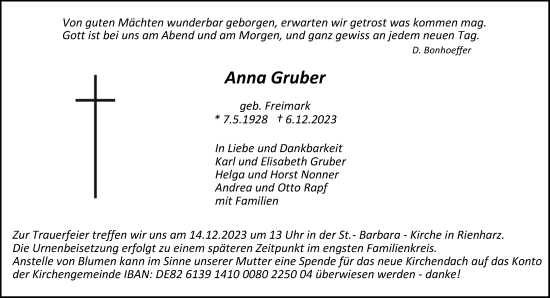 Traueranzeige von Anna Gruber von Waiblinger Kreiszeitung