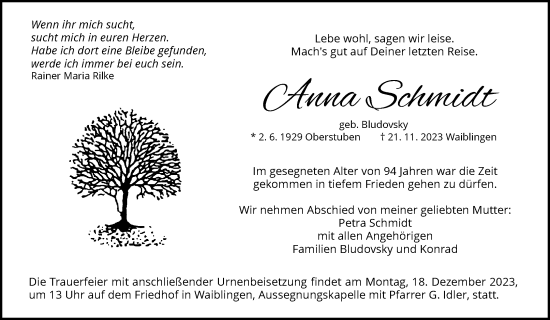 Traueranzeige von Anna Schmidt von Waiblinger Kreiszeitung
