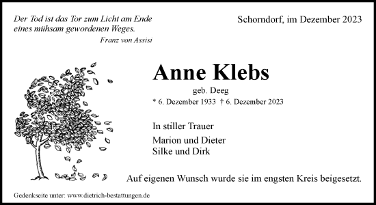 Traueranzeige von Anne Klebs von Waiblinger Kreiszeitung