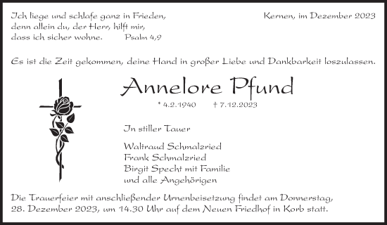 Traueranzeige von Annelore Pfund von Waiblinger Kreiszeitung