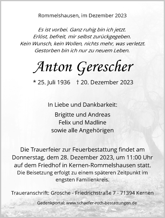 Traueranzeige von Anton Gerescher von Waiblinger Kreiszeitung