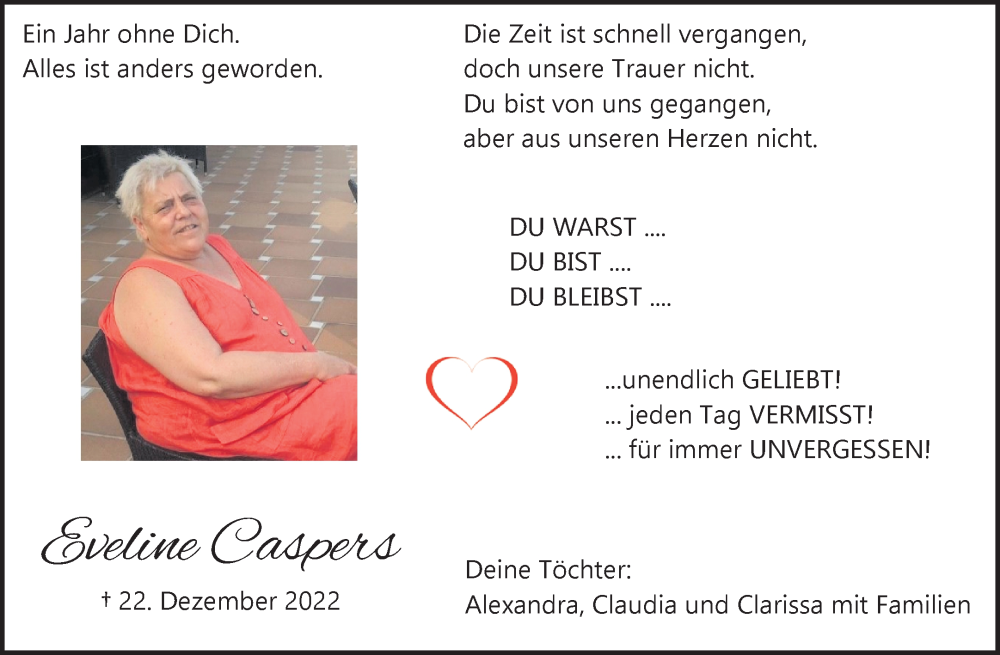  Traueranzeige für Eveline Caspers vom 22.12.2023 aus Waiblinger Kreiszeitung