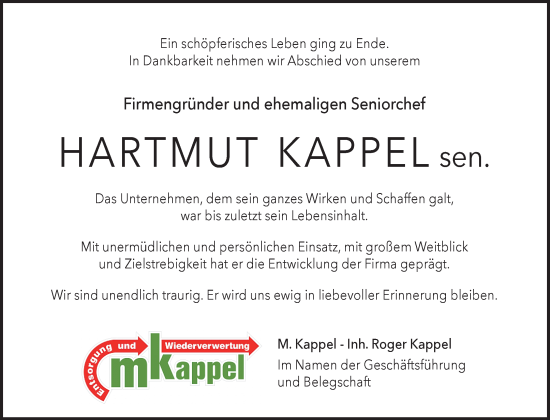 Traueranzeige von Hartmut Kappel von Waiblinger Kreiszeitung