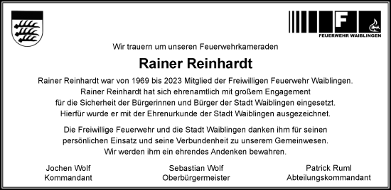 Traueranzeige von Rainer Reinhardt von Waiblinger Kreiszeitung