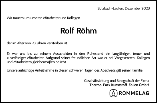 Traueranzeige von Rolf Röhm von Waiblinger Kreiszeitung