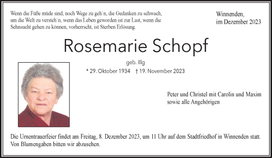 Traueranzeige von Rosemarie Schopf von Waiblinger Kreiszeitung