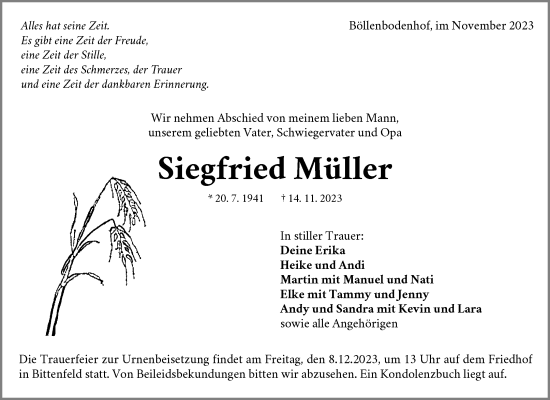 Traueranzeige von Siegfried Müller von Waiblinger Kreiszeitung