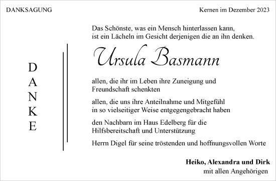 Traueranzeige von Ursula Basmann von Waiblinger Kreiszeitung