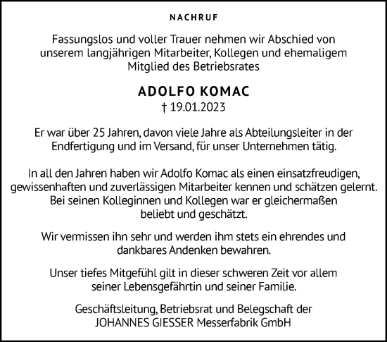Traueranzeigen von Adolfo Komac ZVWTrauer