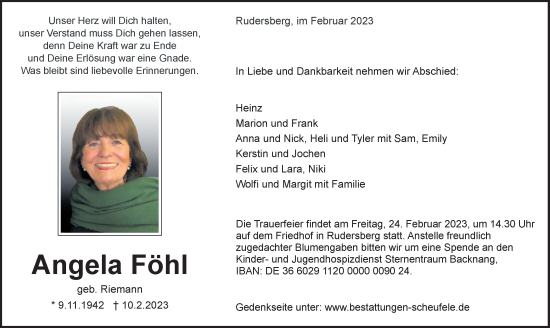 Traueranzeige von Angela Föhl von Waiblinger Kreiszeitung