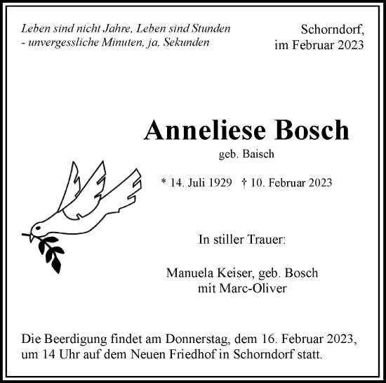 Traueranzeige von Anneliese Bosch von Waiblinger Kreiszeitung