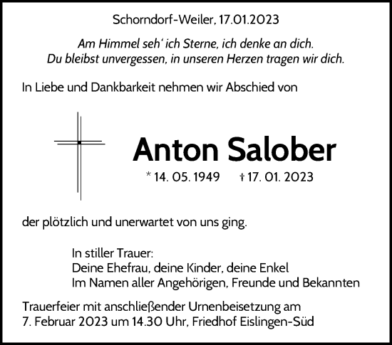 Traueranzeige von Anton Salober von Waiblinger Kreiszeitung