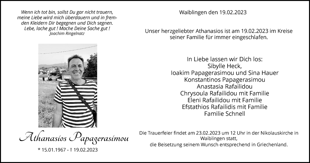  Traueranzeige für Athanasios Papagerasimou vom 22.02.2023 aus Waiblinger Kreiszeitung