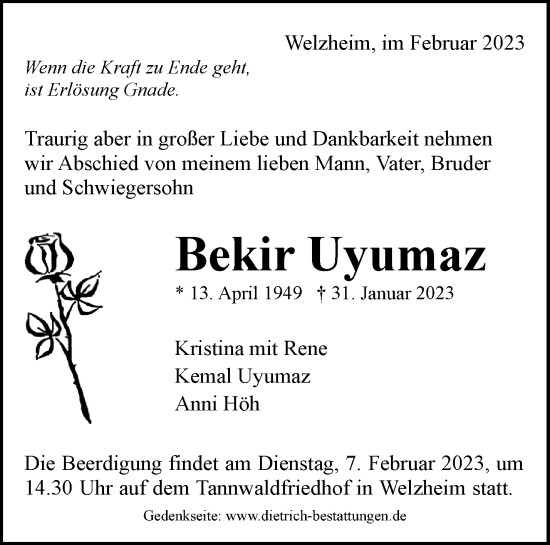 Traueranzeige von Bekir Uyumaz von Waiblinger Kreiszeitung