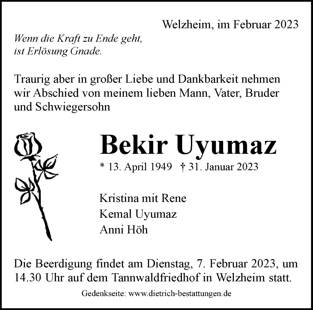  Traueranzeige für Bekir Uyumaz vom 02.02.2023 aus Waiblinger Kreiszeitung