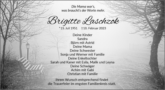Traueranzeige von Brigitte Laschzok von Waiblinger Kreiszeitung