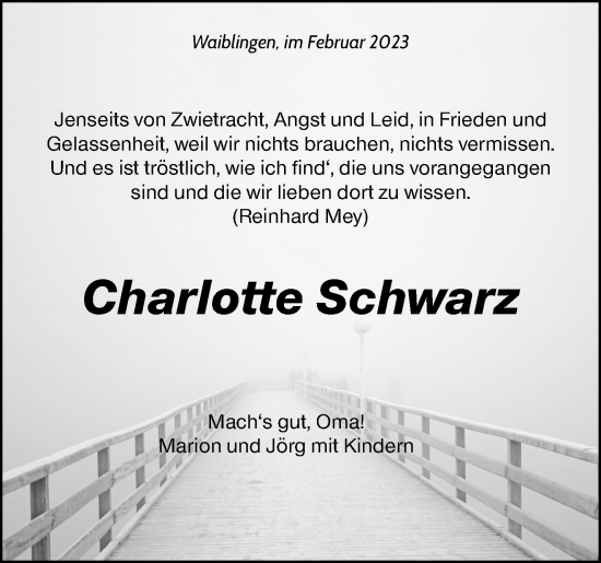 Traueranzeige von Charlotte Schwarz von Waiblinger Kreiszeitung