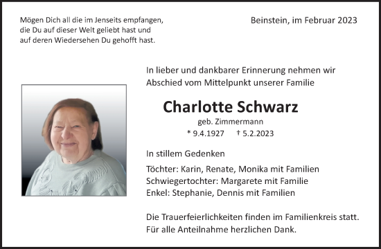 Traueranzeige von Charlotte Schwarz von Waiblinger Kreiszeitung