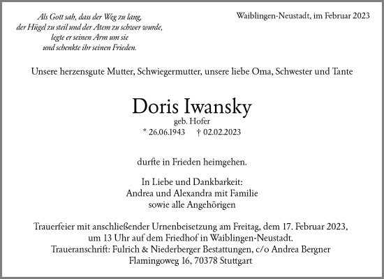Traueranzeige von Doris Iwansky von Waiblinger Kreiszeitung