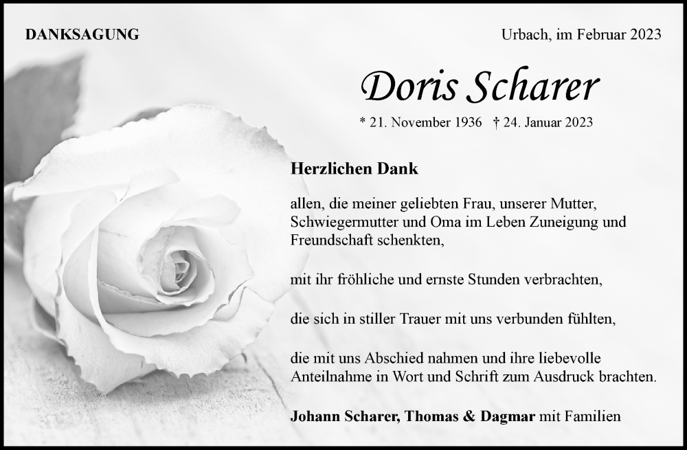  Traueranzeige für Doris Scharer vom 18.02.2023 aus Waiblinger Kreiszeitung
