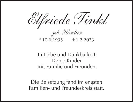 Traueranzeige von Elfriede Tinkl von Waiblinger Kreiszeitung