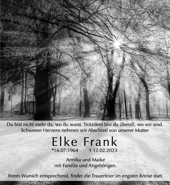 Traueranzeige von Elke Frank von Waiblinger Kreiszeitung