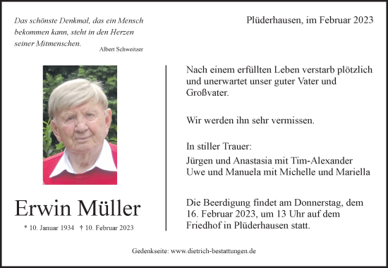 Traueranzeige von Erwin Müller von Waiblinger Kreiszeitung