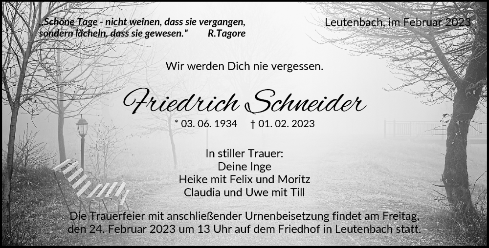  Traueranzeige für Friedrich Schneider vom 18.02.2023 aus Waiblinger Kreiszeitung
