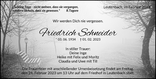 Traueranzeige von Friedrich Schneider von Waiblinger Kreiszeitung