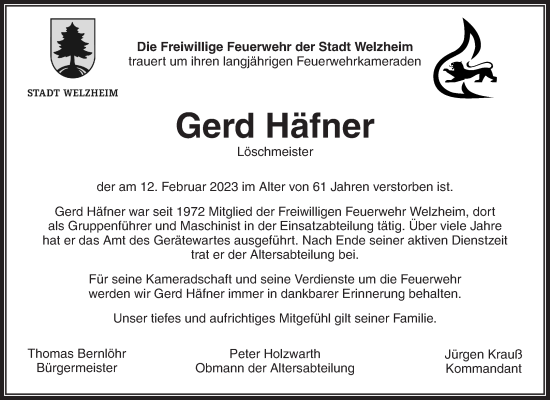 Traueranzeige von Gerd Häfner von Waiblinger Kreiszeitung