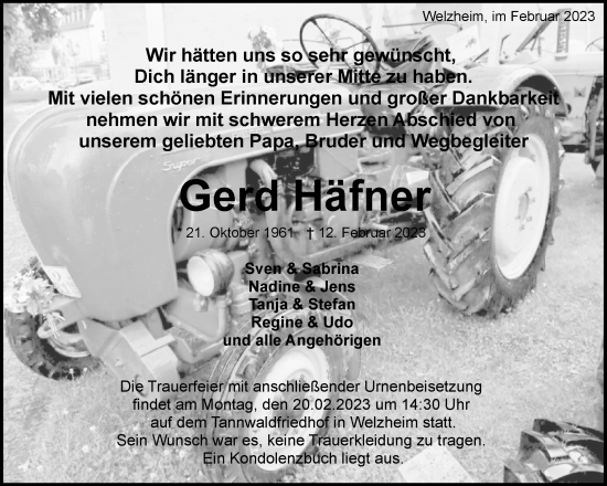 Traueranzeige von Gerd Häfner von Waiblinger Kreiszeitung