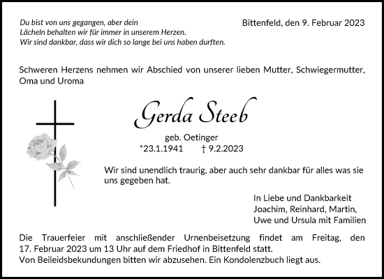 Traueranzeige von Gerda Steeb von Waiblinger Kreiszeitung