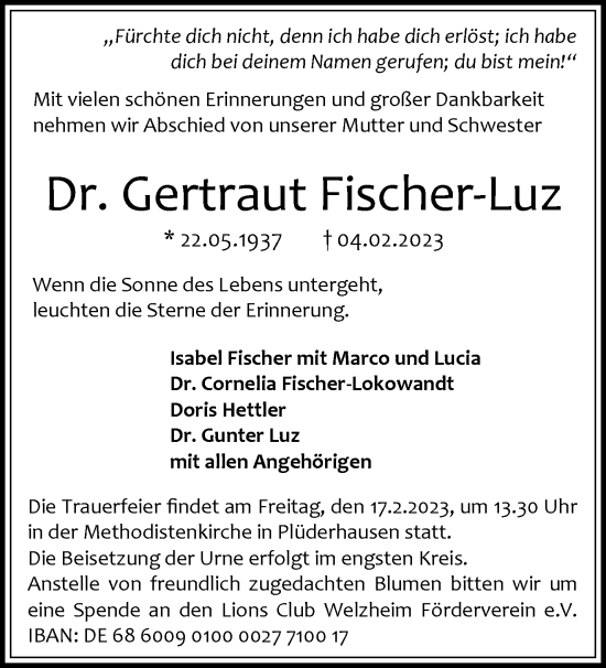 Traueranzeige von Gertraut Fischer-Luz von Waiblinger Kreiszeitung